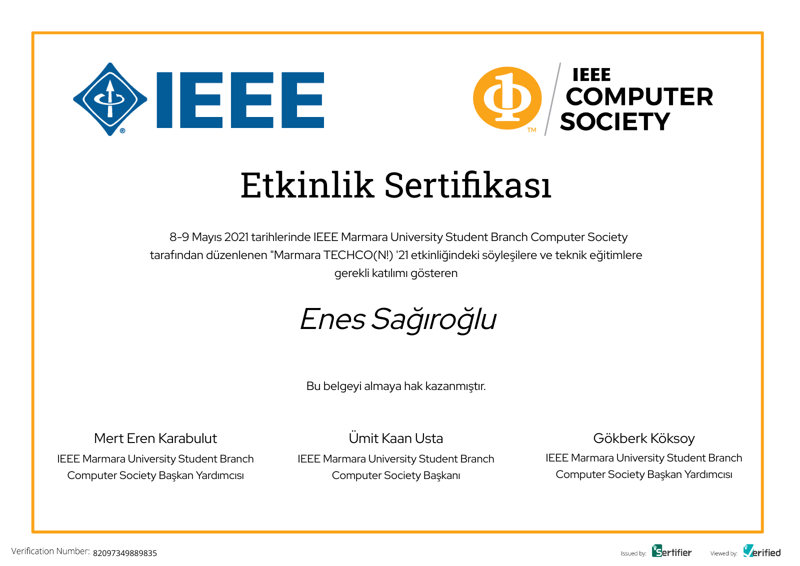 Marmara TECHCO(N!) '21: Event Certificate