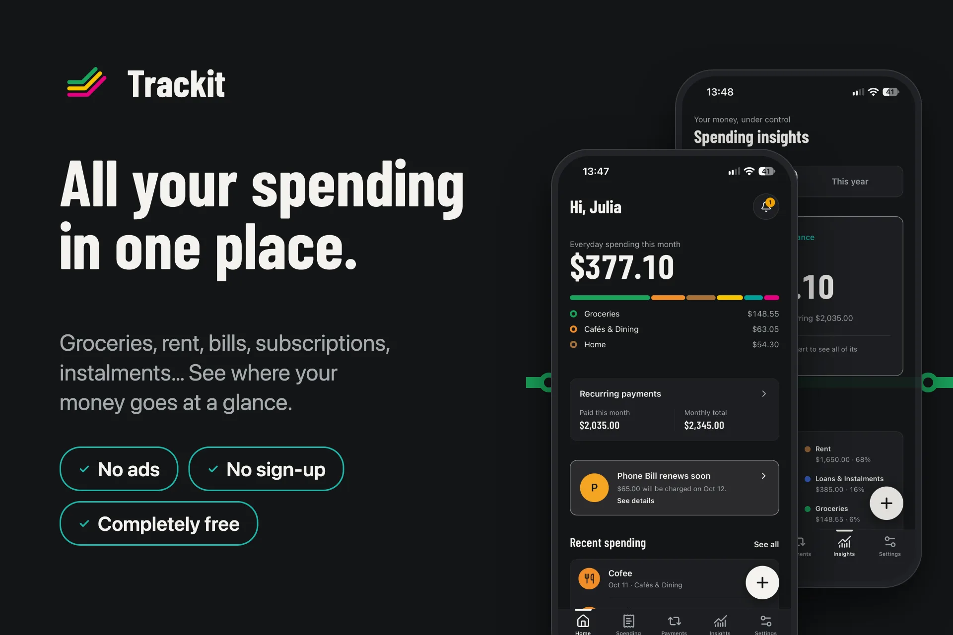 Trackit home and spending insights screens on iPhone